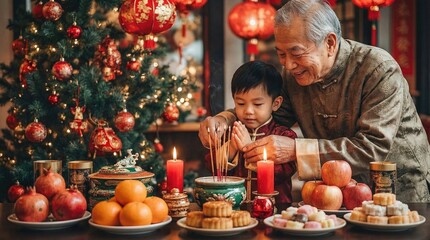 Fototapeta premium Asian grandfather and grandson praying with incense sticks at home, honoring ancestors during Lunar New Year. Traditional family celebration and spirituality concept.