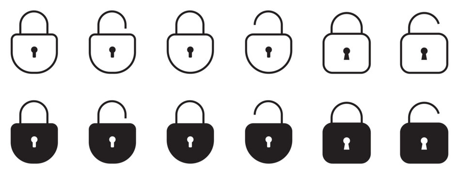 Lock and unlock icon set with padlock outline and filled solid symbols, vector cartoon illustration, transparent background, security and privacy icon collection, digital safety symbols