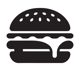 Black silhouette icon of classic hamburger with sesame seed bun, layered patty, cheese, lettuce, and bottom bun, minimalist fast food vector illustration isolated