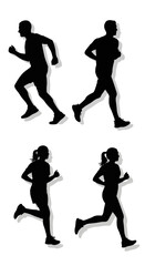 Silhouette Vector Illustration of Four People Running in Various Dynamic Poses, Exercising for Health and Fitness