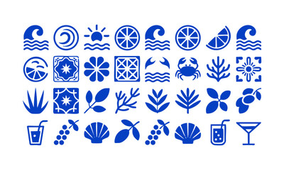 Fototapeta premium Minimal blue beach lifestyle icon pack arranged in structured grid vector illustration, easily editable.