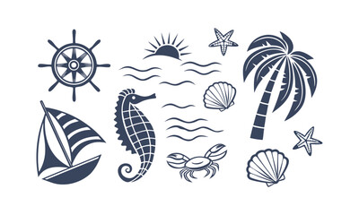 Coastal summer lifestyle icon set in monochrome blue flat style vector illustration, easily editable.