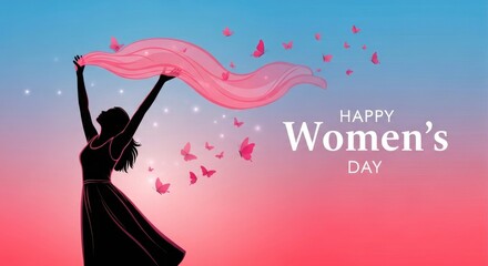 Silhouette of a woman releasing butterflies with a women s day greeting