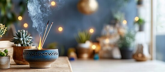 Incense Burning, Serene Ambiance: Blue Bowl, Smoke, Plants, Bokeh Lights.
