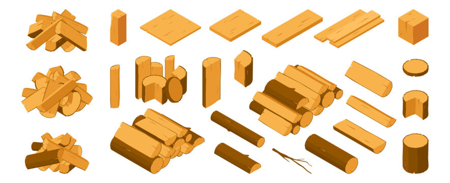 Isometric wooden elements set. Vector logs and firewood, branches and cut tree trunks, planks and sawn wood pieces. Different shapes and sizes of natural materials. Construction, forestry and resource
