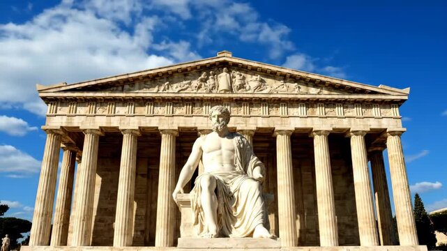 Ancient Greek Temple Facade With Statue of Goddess and Child.