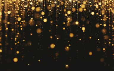 Abstract dark background with shimmering golden particle rain and bokeh effect