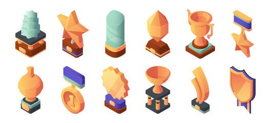 Trophies set. Vector isometric rewards in form of star shaped cups, diamond awards, round medals and first place cups. Honors on stands. Achievement and victory symbols. Sports prize visualization