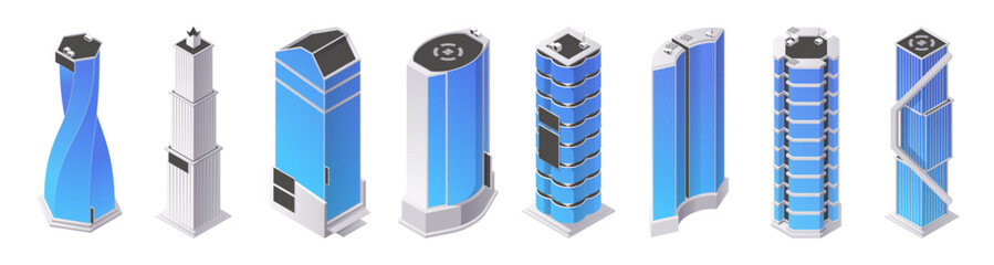 Skyscrapers with apartments. Vector isometric isolated business center or city downtown buildings. Real estate property and modern architecture in town, building construction with storeys and windows