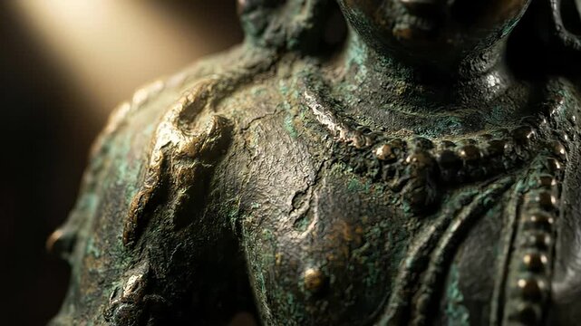 Moody, dramatically lit close-up of an ancient bronze statue, emphasizing oxidized patina and ornate jewelry.