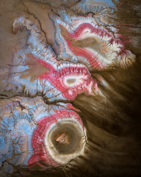 Aerial view of the earth's canvas painted with vibrant hues, where nature's artistry unfolds in swirling patterns and striking contrasts, Mangistau, Mangystau Region, Kazakhstan.