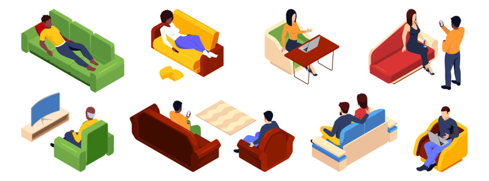 People relaxing on sofas and chairs. Vector isolated characters lying and napping, playing games and working with laptops. Home leisure and interior lifestyle. Office or living room activity