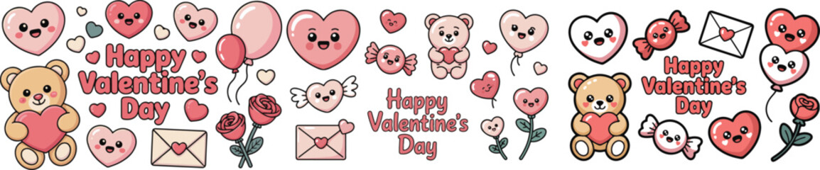 Happy Valentine&rsquo;s Day cute text design with cartoon icon set