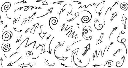 Naklejka premium Collection of hand drawn black arrows and swirls doodle