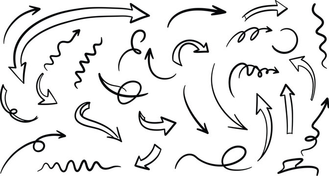 Collection of hand drawn black arrows and squiggly lines