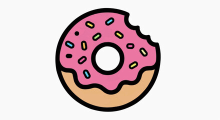 Fototapeta premium A colorful illustration of a bitten donut with pink frosting and sprinkles on a plate