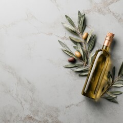 olive oil bottle mockup flat lay placed on marble luxury background in modern kitchen with copy space