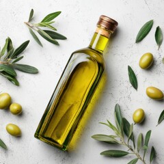 Olive oil bottle mockup flat lay top view for advertising