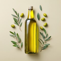 Olive oil bottle mockup flat lay top view for advertising