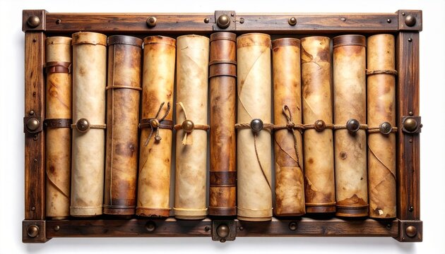 Ancient parchment scroll in rustic wooden frame with rods symbolizing history preservation and antique craftsmanship