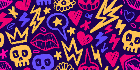 Fototapeta premium Colorful doodle pattern featuring hearts skulls and lightning bolts