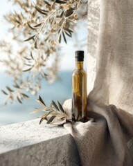 Olive oil bottle mockup on mediterranean balcony with soft morning sunlight placed on linen fabric with olive branches, advertising mockup premium food product concept
