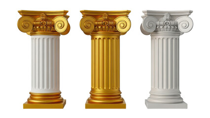 Obraz premium Three ornate classical columns in different colors and finishes isolated on transparent background