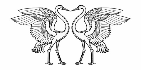 Fototapeta premium Two cranes forming a heart shape in a detailed line art illustration