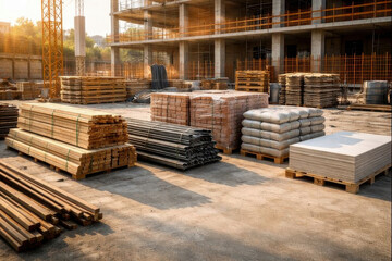 Construction site building construction concrete frame scaffold lumber rebar brick pallet cement bag in warm sunrise light stacked material waiting for urban development work