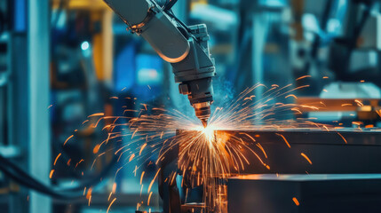 Robotic arm laser cutting metal spark factory automation manufacturing precision, industrial machine shaping steel plate with bright sparks inside modern workshop, high tech production scene