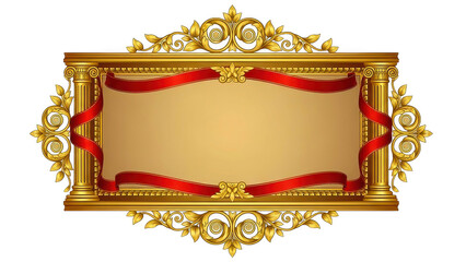 Luxurious golden frame with red ribbon decoration isolated on transparent background