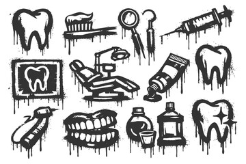 Obraz premium Grunge dental icons: toothbrush, drill, syringe, tools, chair, toothpaste, mouthwash.