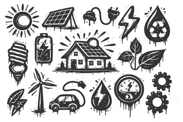 Naklejka premium Sustainable energy icons: solar panels, wind turbine, electric car, recycle symbols.