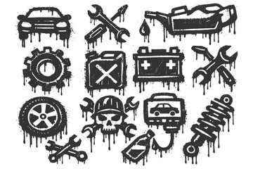 Obraz premium Grungy automotive icons with tools, skull, and car elements in dripping paint style.