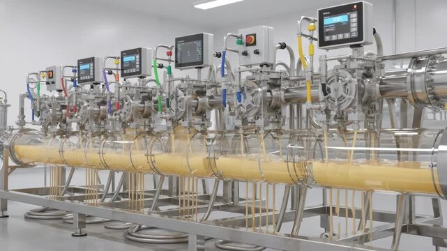 Medium shot of a multihead flavor dosing skid with precision pumps simultaneously injecting concentrated flavors into a flowing base liquid for consistent batch production.