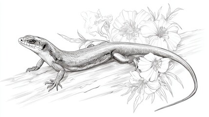 Fototapeta premium Detailed Sketch of a Lizard with Floral Elements and Natural Habitat