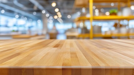 Obraz premium A smooth wooden countertop acts as a focal point in a contemporary store, blending warmth with stylish decor. Soft light filters through the blurred background, creating a welcoming atmosphere