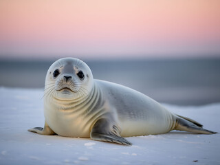 Adorable Baby Seal On Ice With Pastel Sky