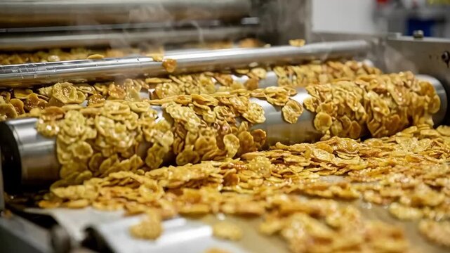 Medium shot of golden corn flakes being cooked and rolled on a production line highlighting the smooth continuous flow and shiny texture of freshly processed grain clusters.