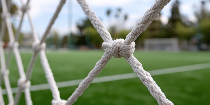sports photography, a soccer goal net with white nylon mesh in focus against a green field with a white goal line, using a high f-stop in daylight