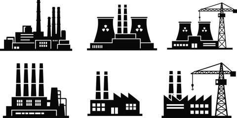 Obraz premium Silhouette industrial factories and power plants with chimneys, cooling towers, and cranes representing manufacturing, energy production, and heavy industry vector illustration