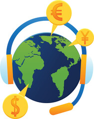 Worldwide customer support concept for global banking with planet Earth, headset, and floating currency symbols in flat style.