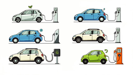 Naklejka premium Diverse set of eco-friendly electric vehicles charging at various stations, illustrating sustainable transportation and green energy solutions