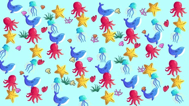 Ocean scene with sea creatures suitable for marine life illustrations, educational materials, and environmental conservation projects. Great for presentations.