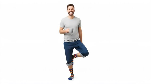 A Caucasian man in a grey t-shirt and blue capri pants dances with a white mug in his hand, wearing vibrant rainbow-patterned socks, isolated on a white background.