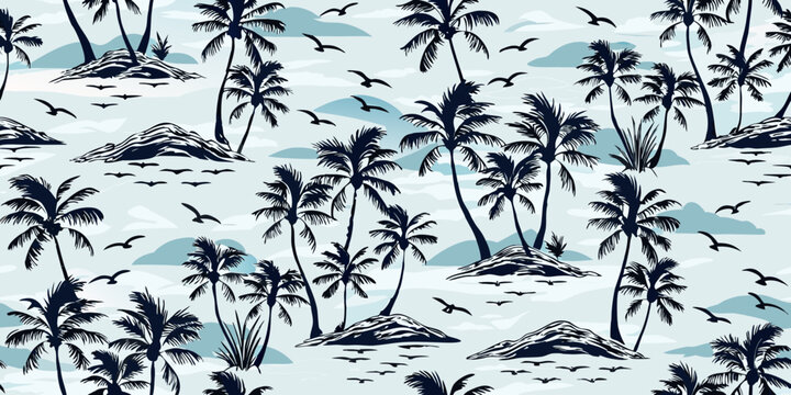 Tropical island scene with palm trees birds and small islands in a repeating pattern