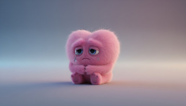 Sad crying fluffy pink heart monster character sitting alone with tears, heartbreak concept
