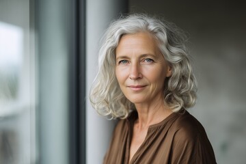Fototapeta premium Serene Portrait of Elderly Woman with Silver Hair by Window