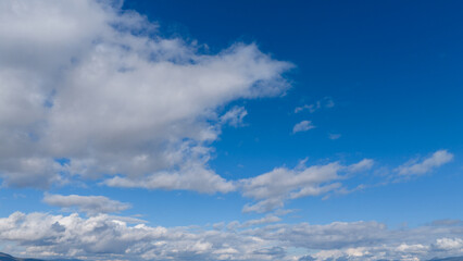 Obraz premium White and gray cotton-like clouds scattered across a deep blue sky. A bright, airy, and peaceful day with a wide view of the sky from below.