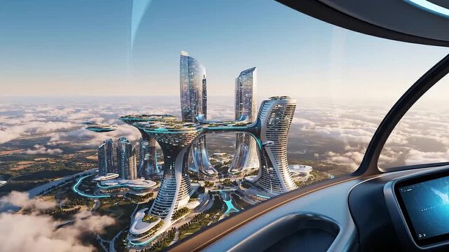 Futuristic vehicle cockpit view soaring above circular glass megacity towers reflecting sunrise